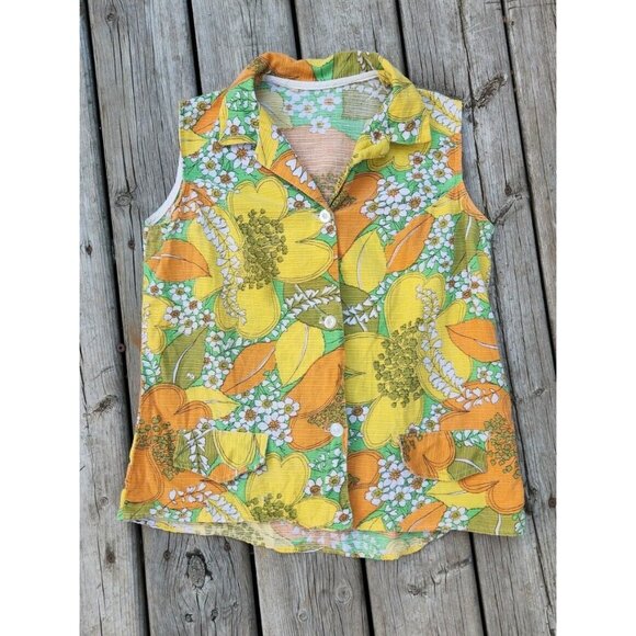 Vintage 1970s Floral Linen Button Up Sleeveless Tank Womens L/XL - Picture 1 of 6